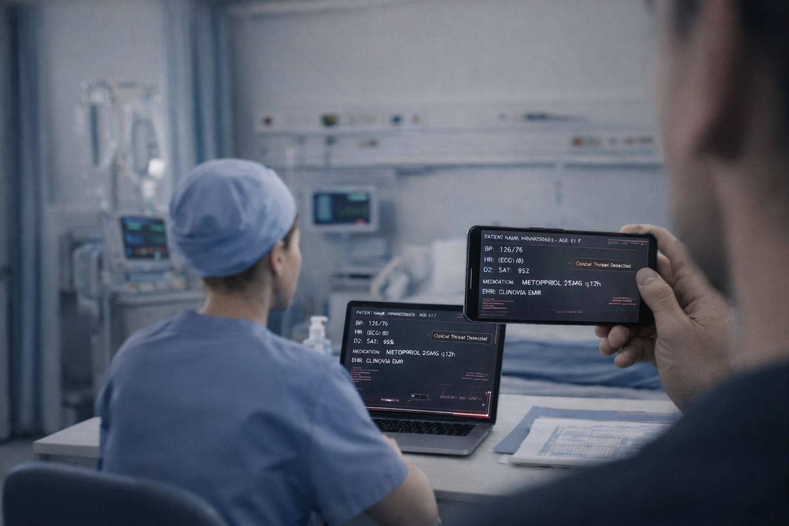 Unauthorized person photographing patient data on hospital workstation